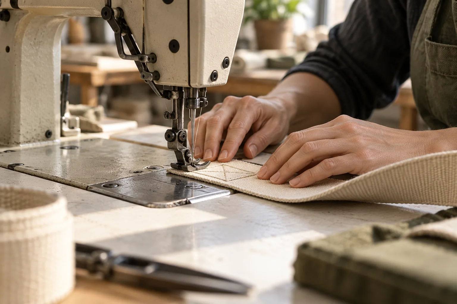 Close view of hands guiding woven canvas through a sewing machine